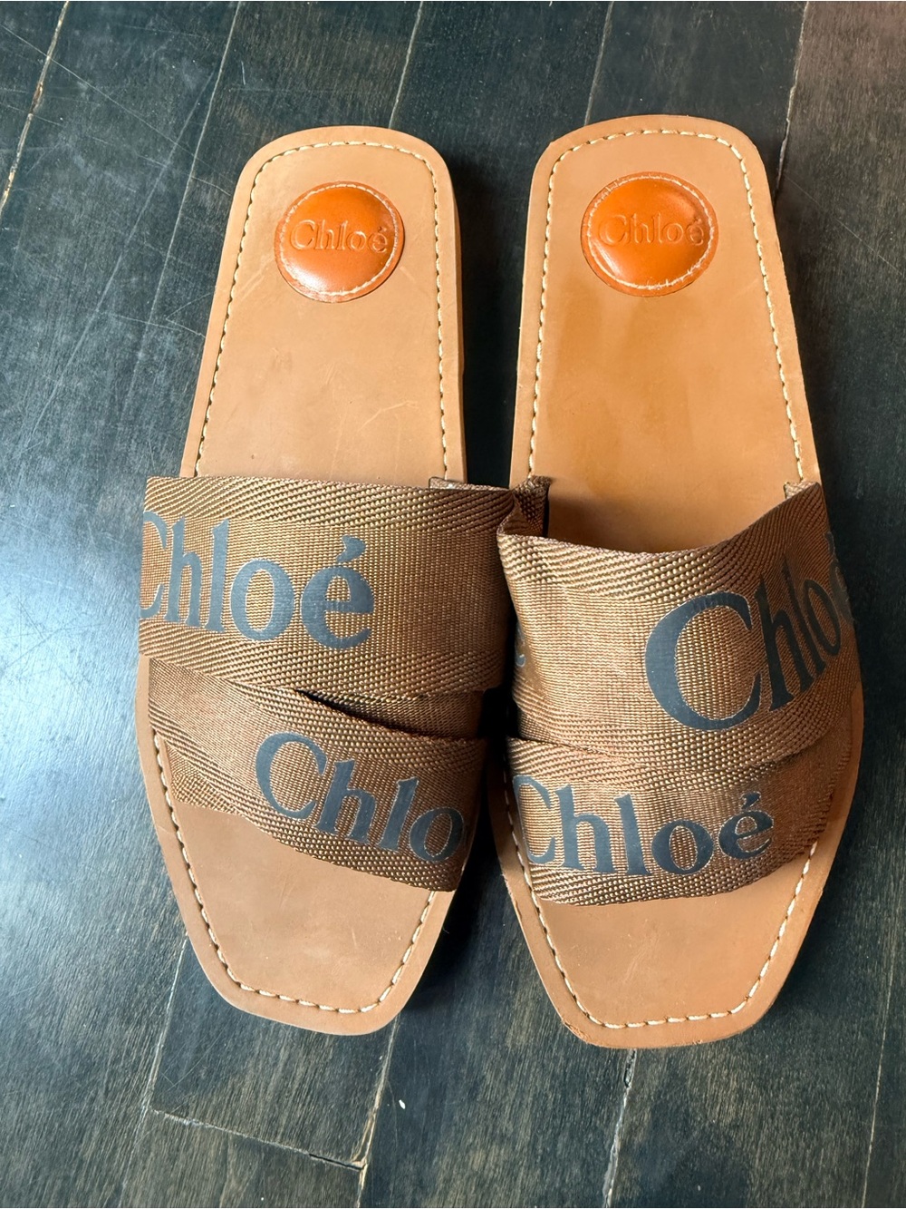 Chloé Brown Logo Strap Slide Sandals
